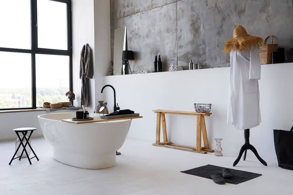 Widok z boku na zaprojektowaną łazienkę w jasnych kolorach z wanną wolnostojącą i nowoczesną armaturą